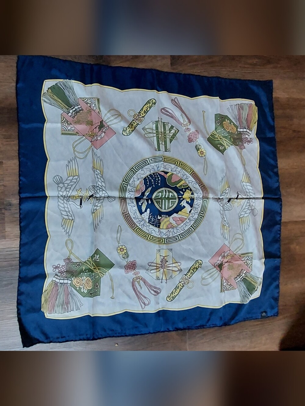 Vintage 100% Silk Crane Oriental Asian Motif Square Scarf Blue White Gold